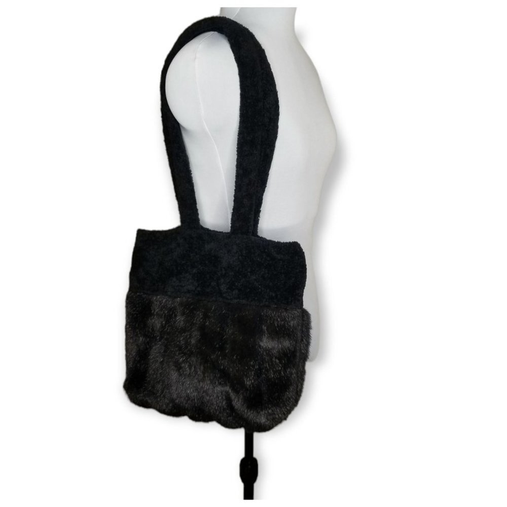❤Vintage Brown Faux Fur Shoulder Bag Black Sherpa Trim Straps Goblin Fairy Witch